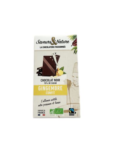 Chocolat Noir 70% Gingembre Confit Bio 80g