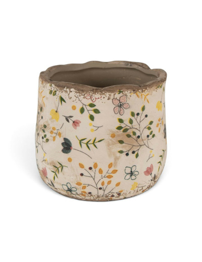 Pot fleuri champêtre beige jaune 14x12cm