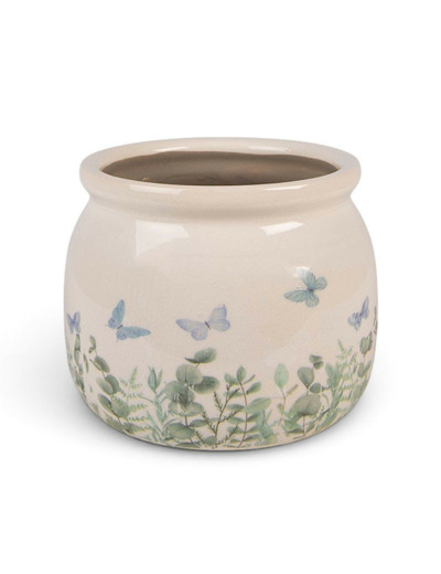 Pot de fleurs rond beige céramique papillons 12x10cm