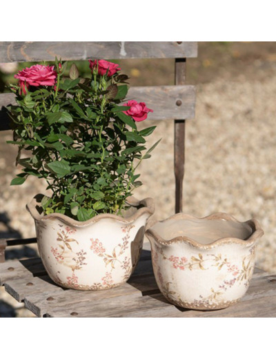 Pot motif floral céramique beige 20x20x13 cm