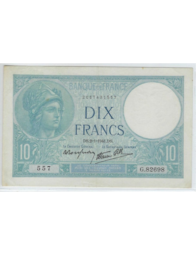 FRANCE 10 FRANCS MINERVE 2-1-1941 SERIE G.82698 SUP