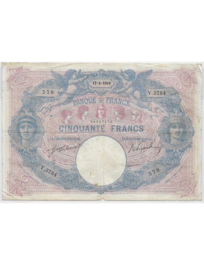 FRANCE 50 FRANCS BLEU ET ROSE SERIE Y.3784 17-8-1910 TB