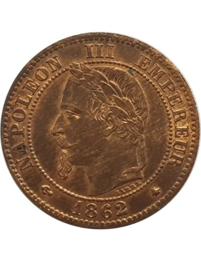 FRANCE 2 CENTIMES NAPOLEON III tête laurée 1862 A (Paris) SUP/NC (G104)