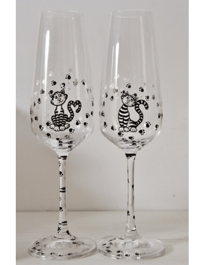 Duo de flutes à champagne en cristal peintes à la main  et personnalisables sur le thème des chats, pièces originales et uniques