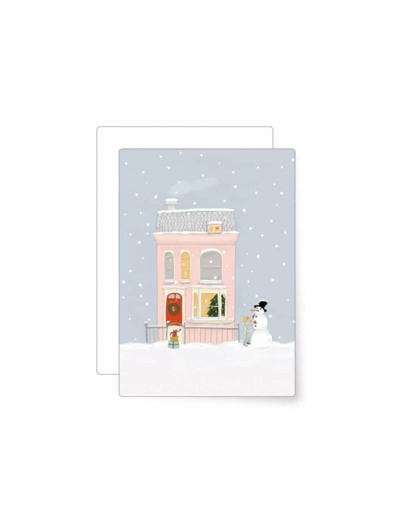 Carte Noël Maison Rose avec bonhomme de neige - Miao Papeterie