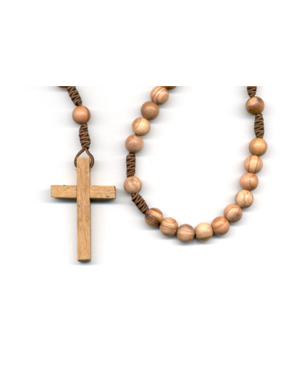 Chapelet OLIVIER sur CORDE grain ROND croix bois SANS Christ