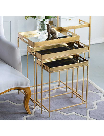Ensemble 3 tables d'appoint plateau miroir doré 48X36X66cm