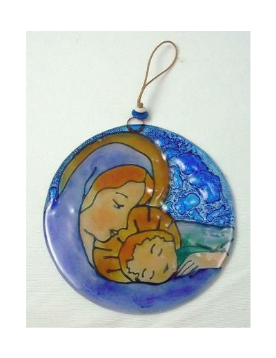 Médaillon verre diamètre 13cm- VIERGE A L'ENFANT