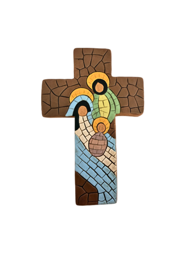 Croix en céramique 15x10cm - SAINTE FAMILLE MARRON