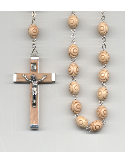 Chapelet BOIS CLAIR chaine argentée grains ovales+croix bois+christ