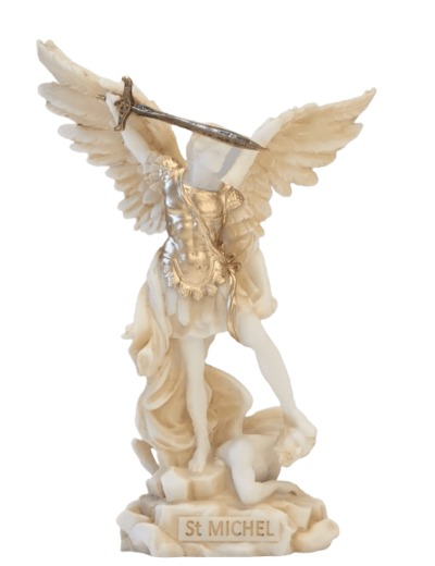 St Michel - Statue en albâtre 24cm -Beige et Or