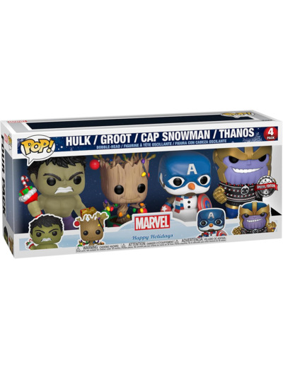 Pop Marvel Tête Oscillante - coffret Hulk, Groot, Captain Snowman, Thanos