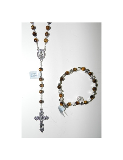 Coffret Chapelet +bracelet-dizainier argenté- OEIL DE TIGRE