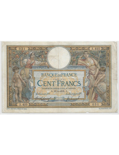 FRANCE 100 FRANCS L.O.M AVEC LOM SERIE A.425 12-9-1908 TB+