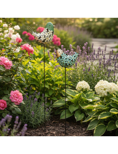 Ensemble 2 tuteurs oiseaux vert d'eau 25x9x110cm