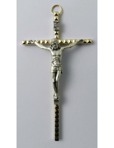 Crucifix métal doré martelé 11cm - Christ argenté