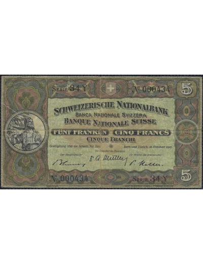 SUISSE 5 FRANCS FRANKEN 16 OCTOBRE 1947 SERIE 34Y TB+