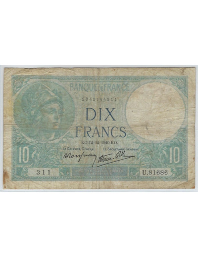 FRANCE 10 FRANCS MINERVE 12-12-1940 SERIE U.81686 TB