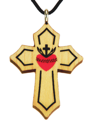 Croix en Bois d'Erable Vernis 3,7cm avec Cordon - SACRÉ COEUR