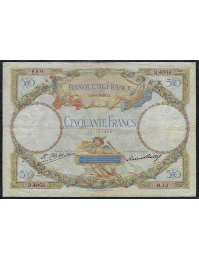 FRANCE 50 FRANCS L.O. MERSON 9-9-1929 D.4864 TB+