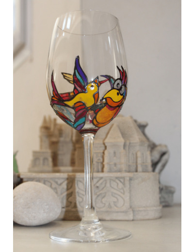 Verre à vin peint à la main, en cristal,sur le thème des oiseaux, verre à pied très coloré et unique