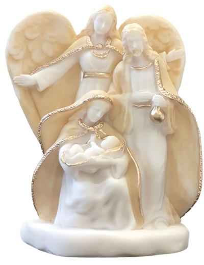 Ste Famille avec Ange Gardien - Statue en albâtre 15cm -Beige et Or