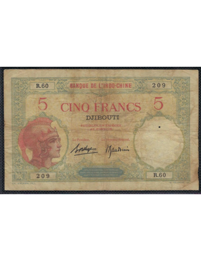 DJIBOUTI (BANQUE DE L'INDOCHINE) 5 FRANCS NON DATE SERIE R.60 TB+