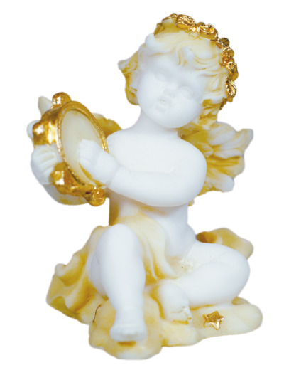 Statue en albâtre 9cm - ANGE MUSICIEN TAMBOURIN Beige et Or