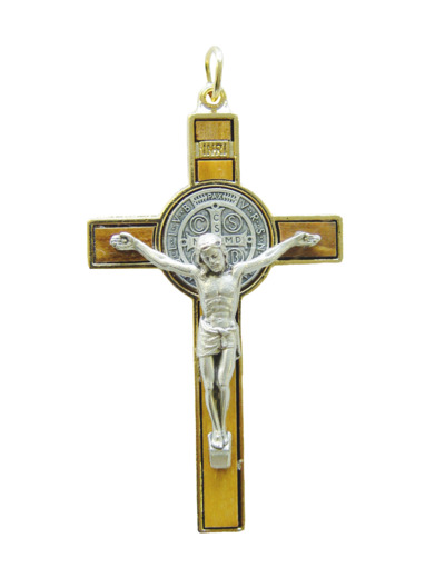 Croix de Saint Benoît en Olivier et Métal Argenté et Doré 8cm