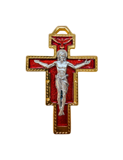 Croix de Saint Damien en Métal Doré avec Résine 8,2cm Rouge