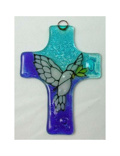 Croix en verre 8x12cm- COLOMBE bleue