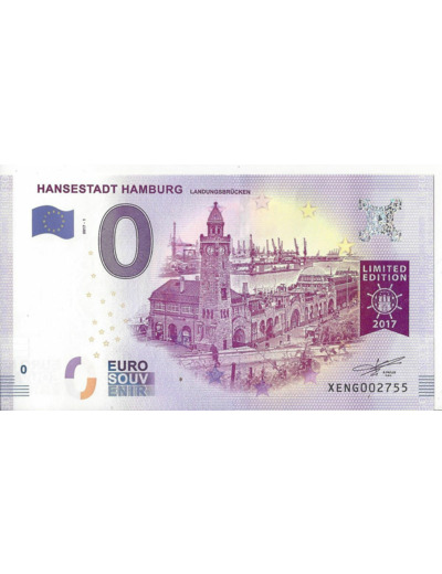 ALLEMAGNE HANSESTADT HAMBURG EDITION LIMITED BILLET SOUVENIR 0 EURO 2017-1