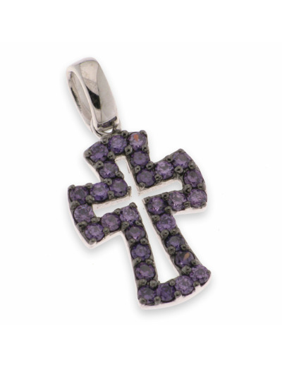 Croix pendentif en Argent 925 + Zirconiums violets- 1,5x1cm