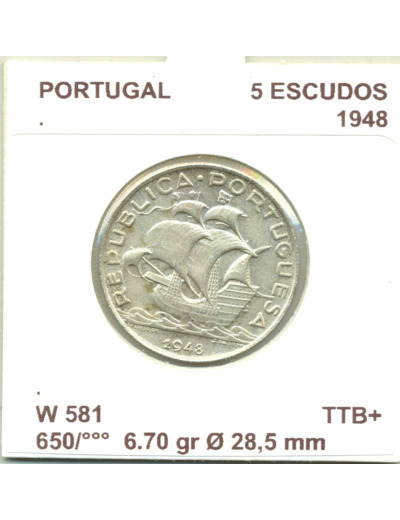 PORTUGAL 5 ESCUDOS 1948 TTB+