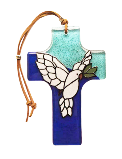 Croix en verre 8x12cm- Croix CELTIQUE + COLOMBE bleue