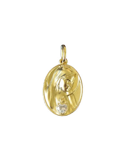 Médaille 19mm PO/Base Argent 925 + Zirconium- Sacré Coeur de Marie