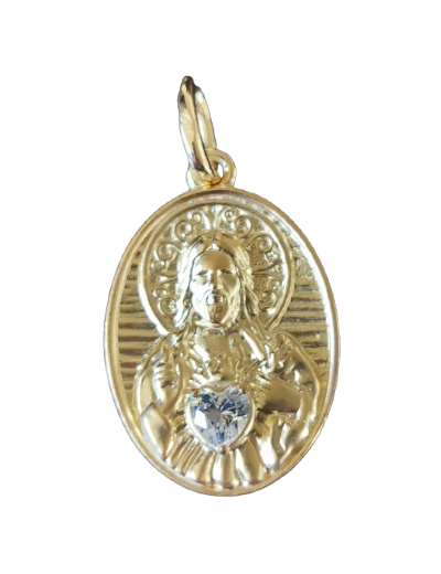 Médaille 19mm PO/Base Argent 925 + Zirconium- Sacré Coeur de Jésus