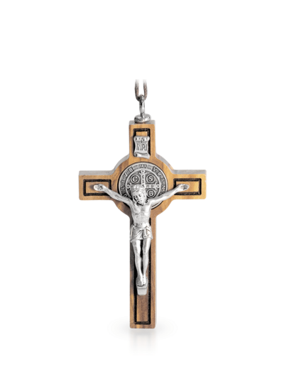 Croix St Benoît en bois 7,5x4,5cm avec cordon et boite