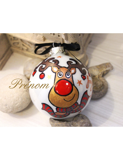 Jolie boule de noël en verre peinte à la main personnalisable d'un diamètre de 9cm représentant un petit renne coquin