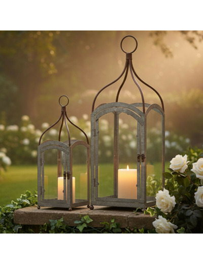 Ensemble 2 lanternes fer patiné gris 15x40cm