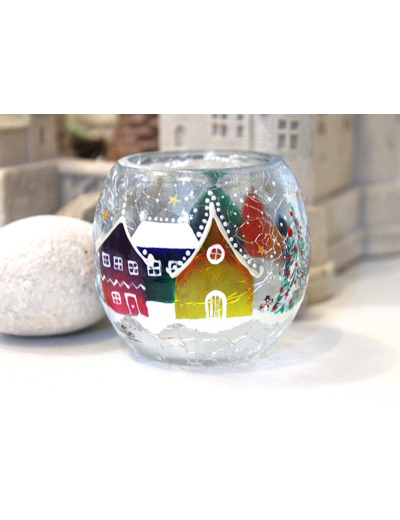 Photophore en verre craquelé peint à la main sur le thème de Noël - Peuvent être vendus par lot de deux