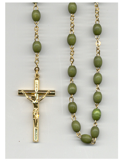 Chapelet BOIS VERT chaine et croix dorées