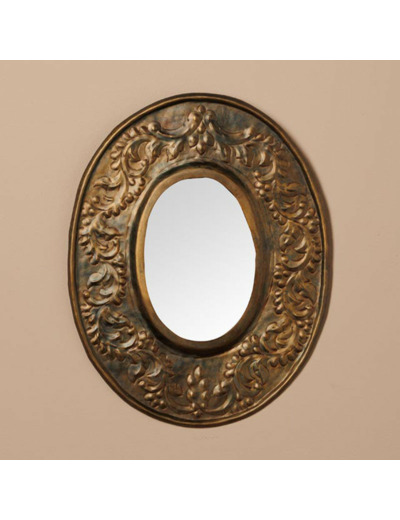 Miroir ovale gravé patine bronze 22x28cm