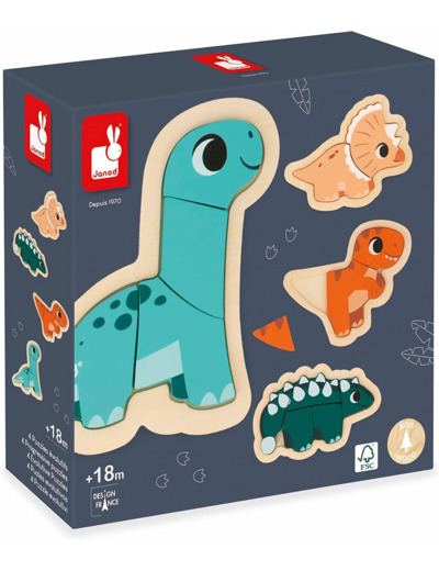 4 Puzzles Evolutifs Dino en Bois FSC de 2 à 5 Pièces