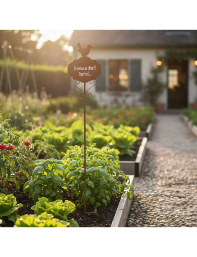 Tuteur de Jardin Humoristique Attention au chien Trop Tard en Métal 18x100cm