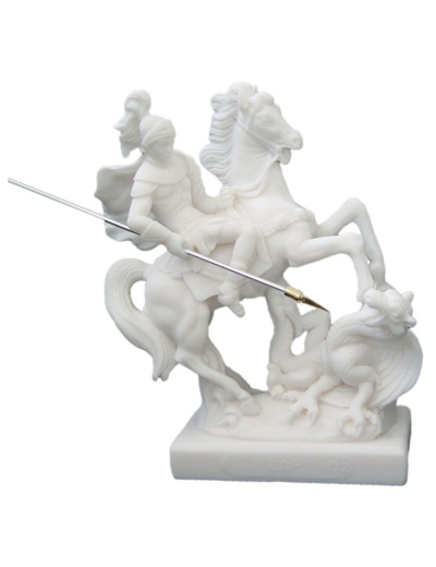 St Georges - Statue en albâtre 20cm -Blanc
