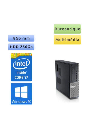 Dell Optiplex 790 DT - Windows 10 - i7 8Go 250Go - Ordinateur Tour Bureautique PC