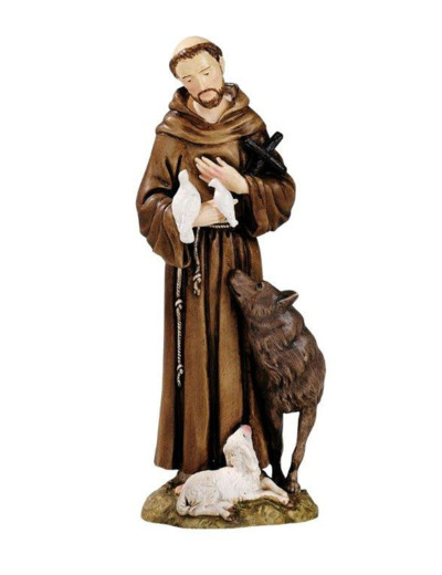 St François au loup 16 cm- résine POLYCHROME peinte main