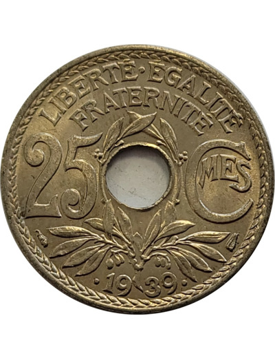 FRANCE 25 CENTIMES LINDAUER .1939. SPL (G381)