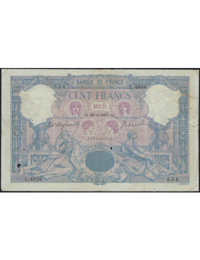 FRANCE 100 FRANCS BLEU ET ROSE 26-2-1907 L.4836 TB+